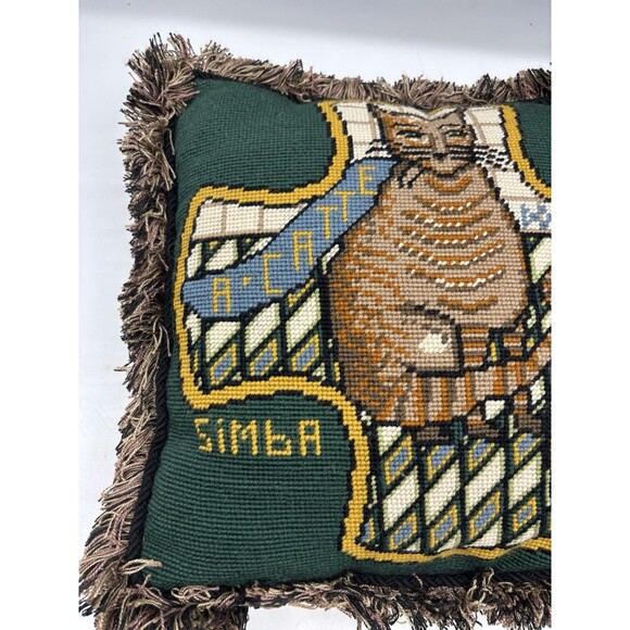 Vtg Needlepoint Tapestry Cat Throw Pillow 15”X 15”Home Decor W/ Fringe Handmade - Picture 3 of 6